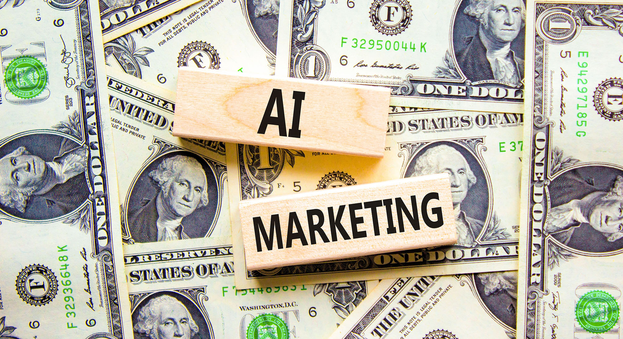 AI marketing symbol. Concept words AI artificial intelligence marketing on wooden block. Beautiful background from dollar bills. Business AI artificial intelligence marketing concept. Copy space.